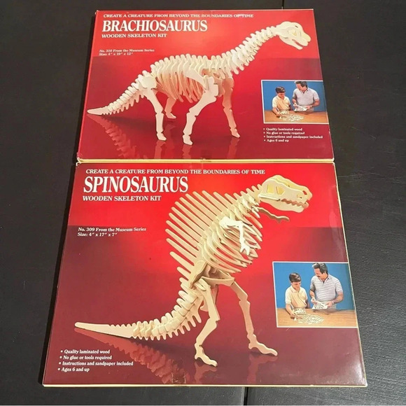 Vintage Wood Dinosaur Models Lot of 2 Safari LTD Brachiosaurus & Spinosaurus - Picture 1 of 7